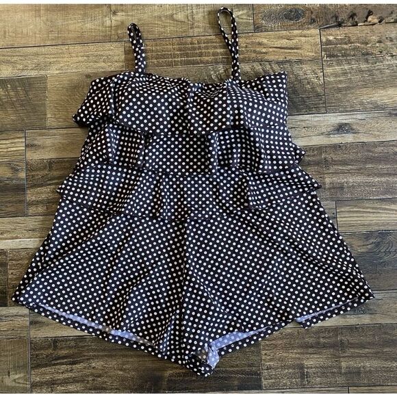 Fit 4 U Women’s Size 18w Brown Polka Dot 1 Piece Romper Swimsuit Fit 4 U Ruffle - Picture 1 of 5
